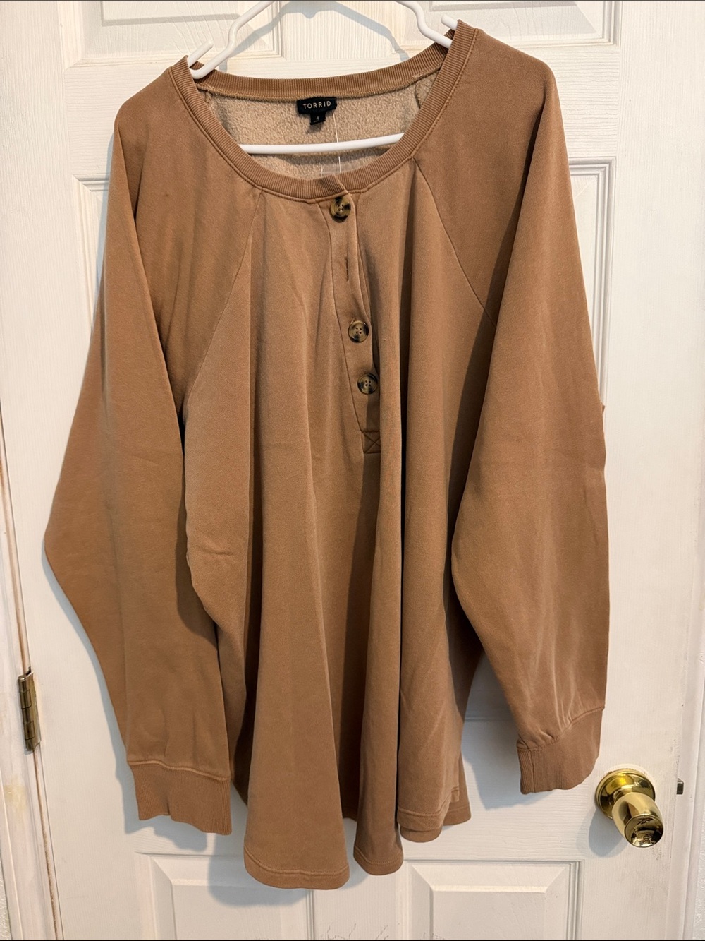 torrid camel brown draped button-front knit top